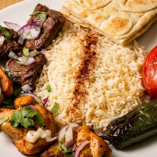 A plate of chicken and beef kebabs with rice, flatbread, grilled tomato, and jalapeño.