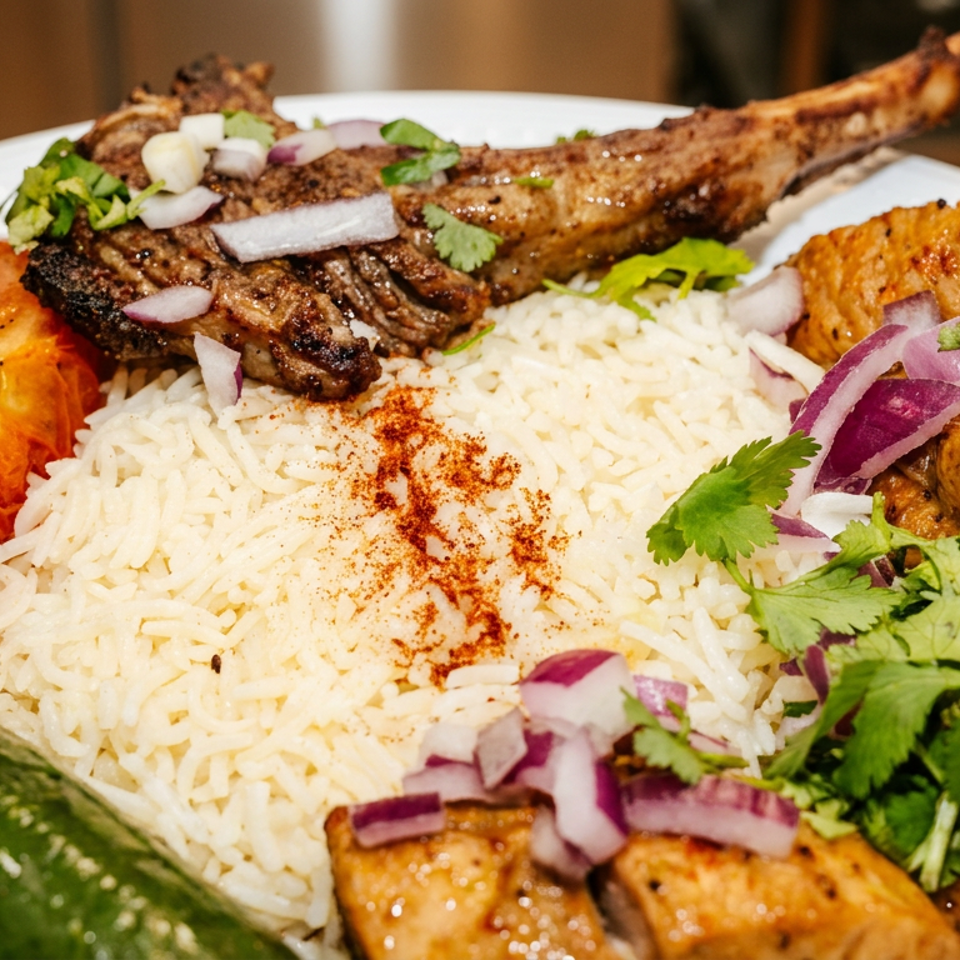 Grilled lamb chop and chicken skewers with rice, roasted tomato, cucumber, and red onion.