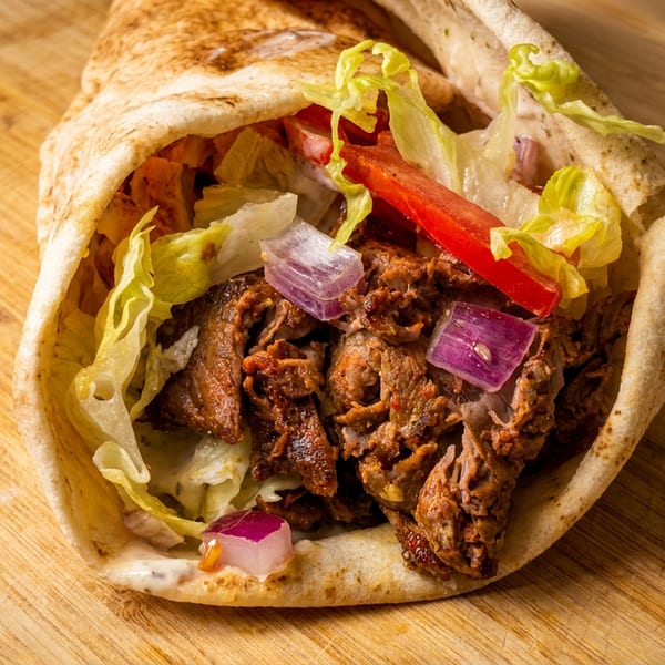 A close-up of a shawarma wrap filled with meat, lettuce, tomatoes, and red onions on a wooden board.